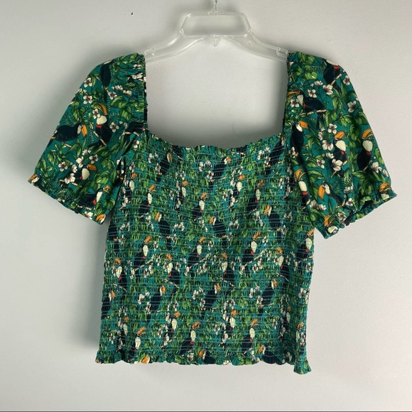 Anthropologie Dolan Toucan Print Smocked Puff Sleeve Top Green Medium - Picture 4 of 10
